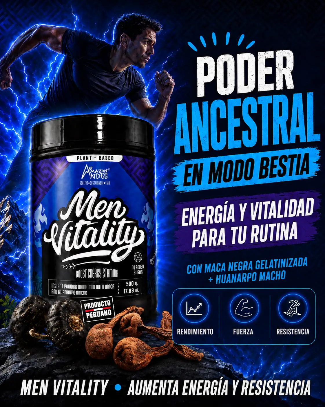 Men Vitality | Maca negra y huanarpo macho en polvo | 500 g (17,63 oz)